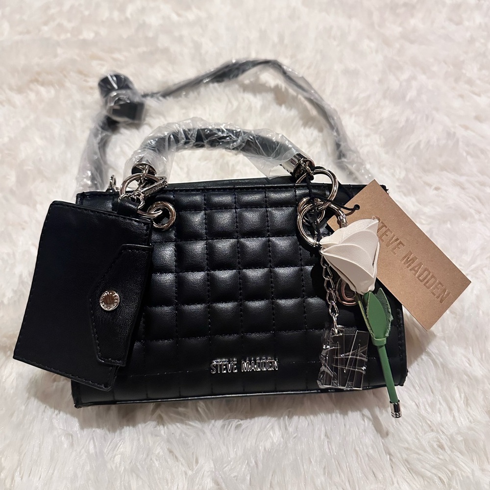 Steve Madden Black Quilted Mini Top-Handle Satchel with Charm